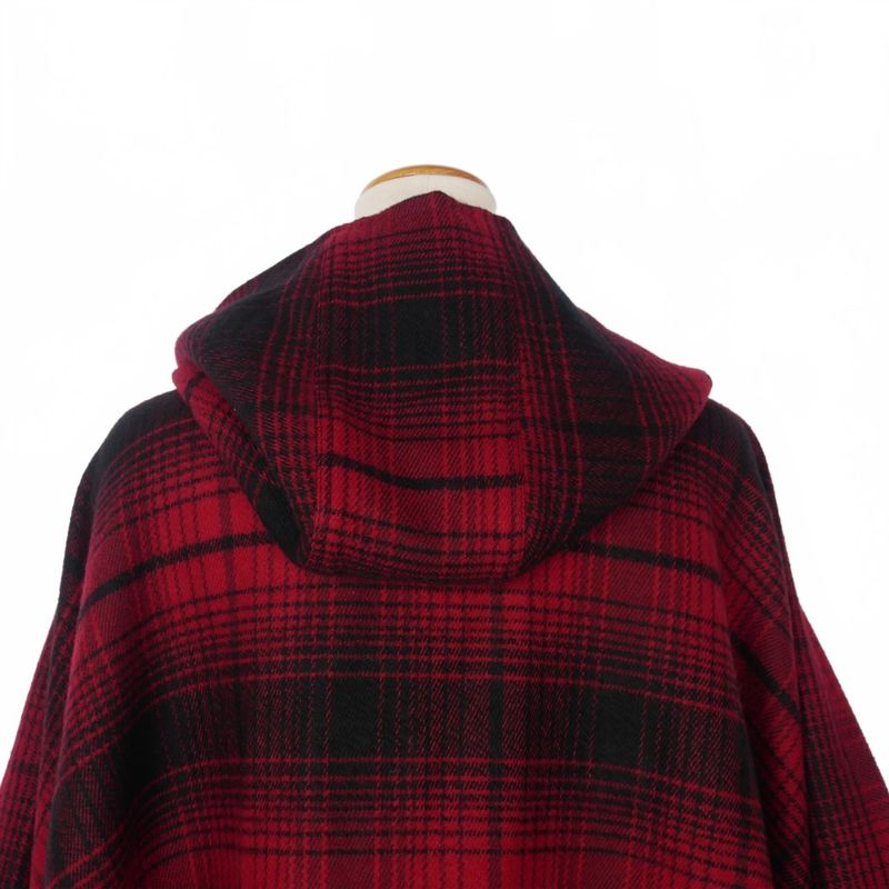 Balenciaga Hooded Check Poncho Cape Logo Embroidery Red