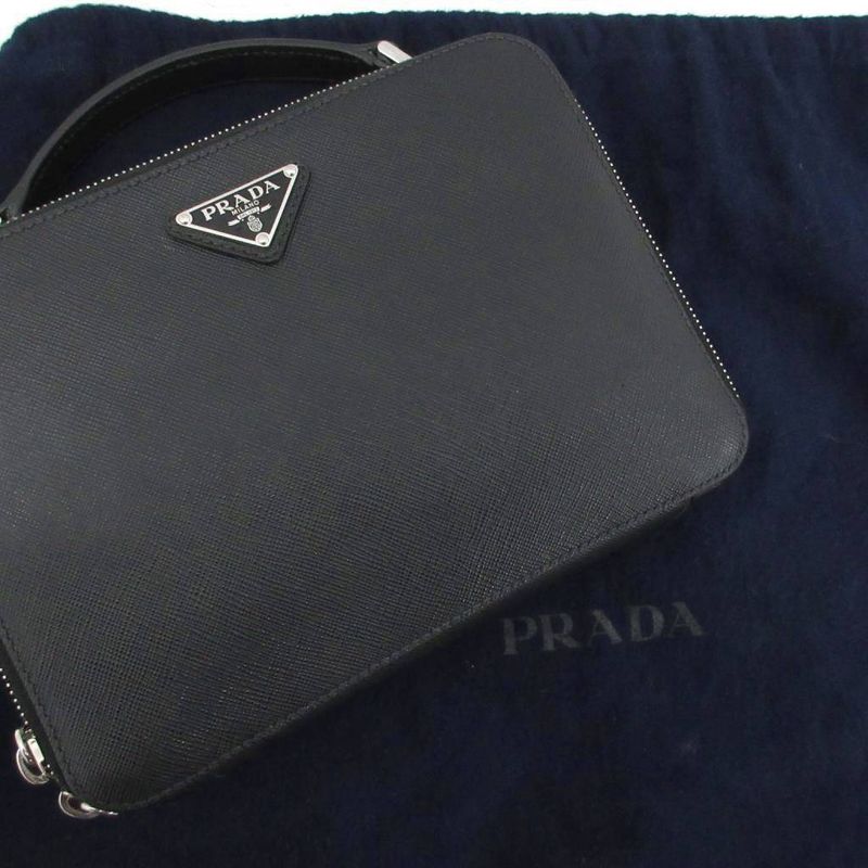 Prada Saffiano Handbag Pouch Triangular Plate Leather 2vh069 Black