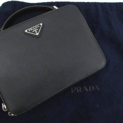 Prada Saffiano Handbag Pouch Triangular Plate Leather 2vh069 Black