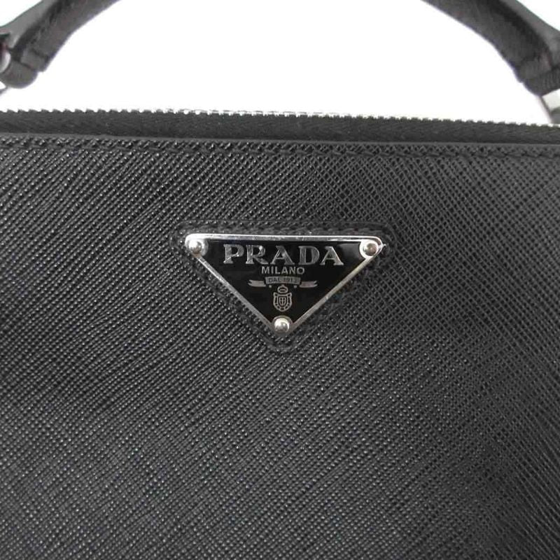 Prada Saffiano Handbag Pouch Triangular Plate Leather 2vh069 Black