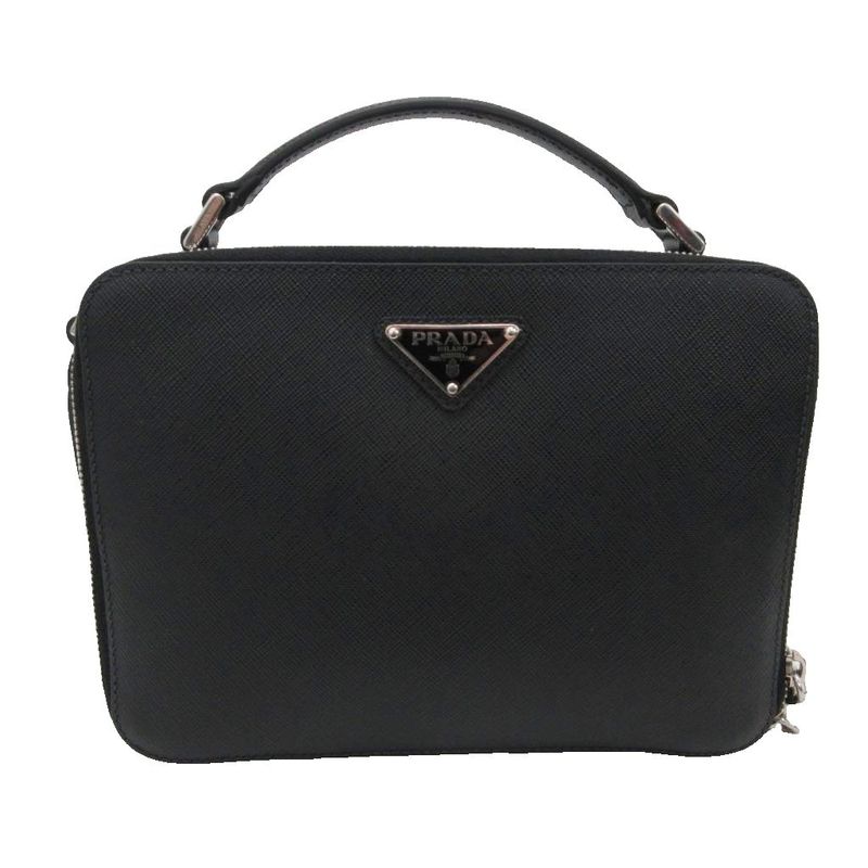 Prada Saffiano Handbag Pouch Triangular Plate Leather 2vh069 Black