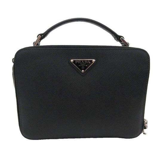 Prada Saffiano Handbag Pouch Triangular Plate Leather 2vh069 Black