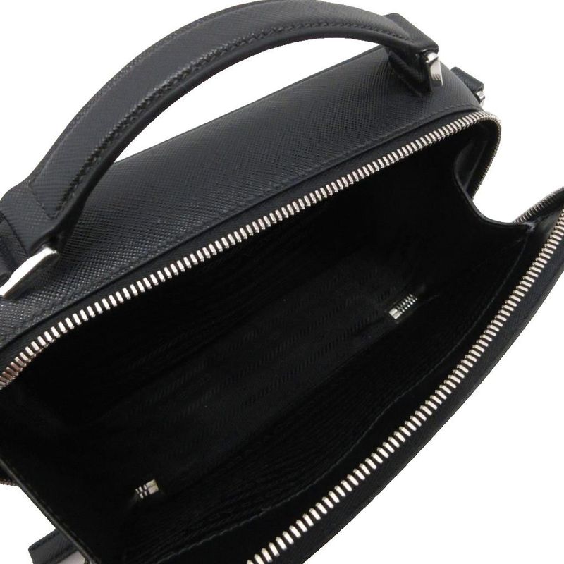 Prada Saffiano Handbag Pouch Triangular Plate Leather 2vh069 Black