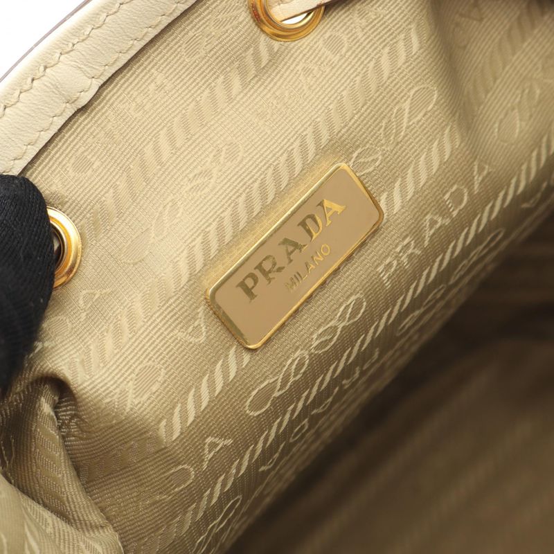 Prada Handbag Logo Jacquard Beige White Canvas Leather Bucket Bag