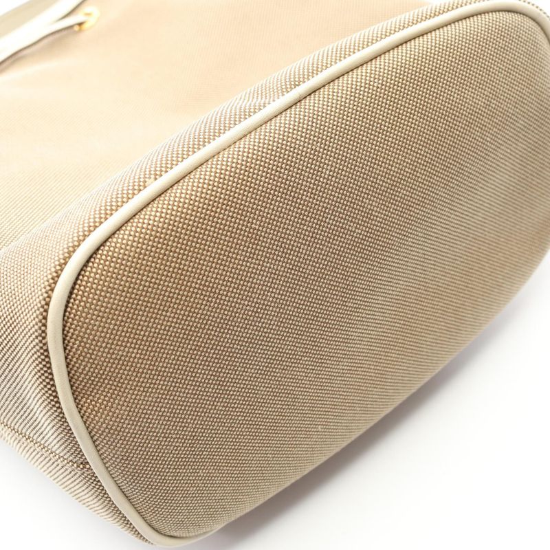 Prada Handbag Logo Jacquard Beige White Canvas Leather Bucket Bag