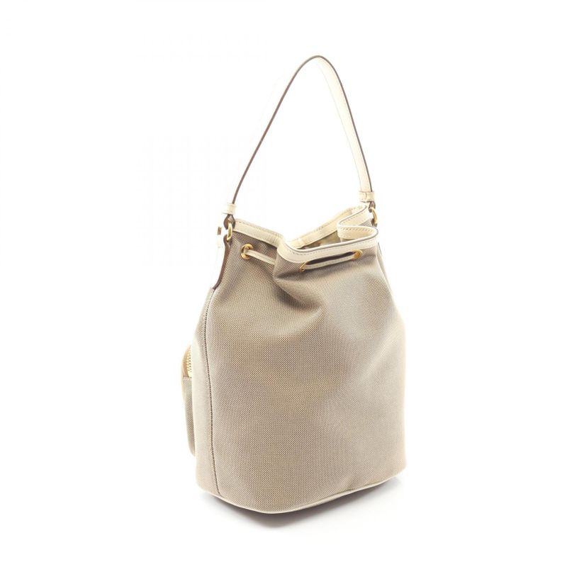 Prada Handbag Logo Jacquard Beige White Canvas Leather Bucket Bag
