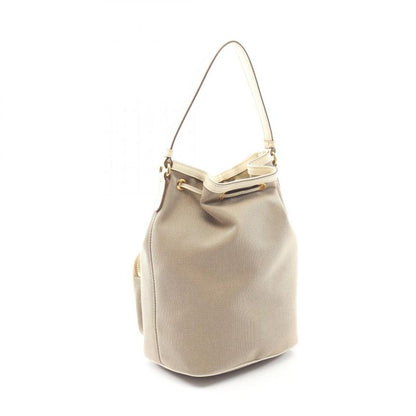 Prada Handbag Logo Jacquard Beige White Canvas Leather Bucket Bag