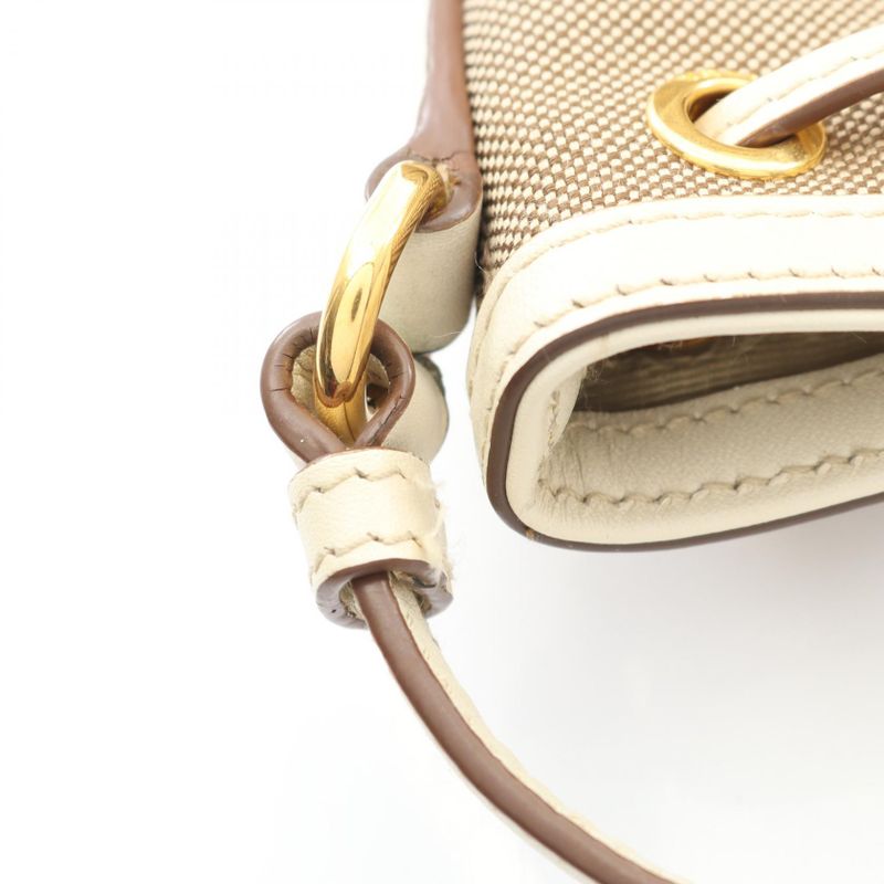 Prada Handbag Logo Jacquard Beige White Canvas Leather Bucket Bag