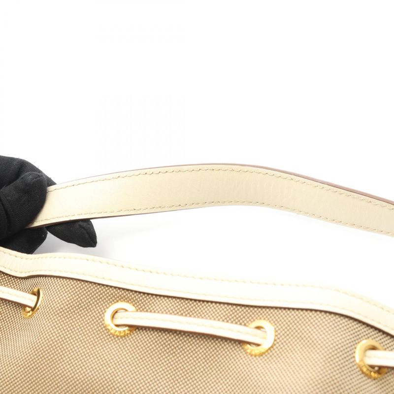 Prada Handbag Logo Jacquard Beige White Canvas Leather Bucket Bag