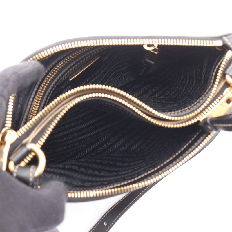Prada Shoulder Bag Logo Jacquard Beige Black Canvas Leather