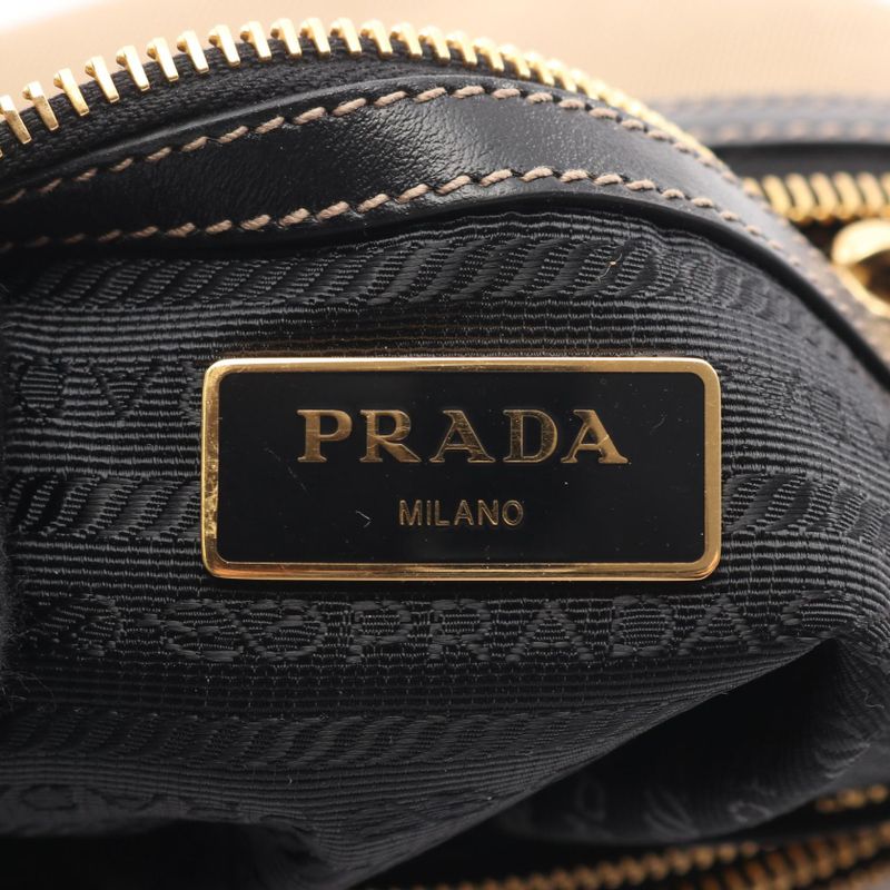 Prada Shoulder Bag Logo Jacquard Beige Black Canvas Leather