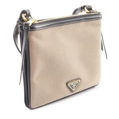 Prada Shoulder Bag Logo Jacquard Beige Black Canvas Leather