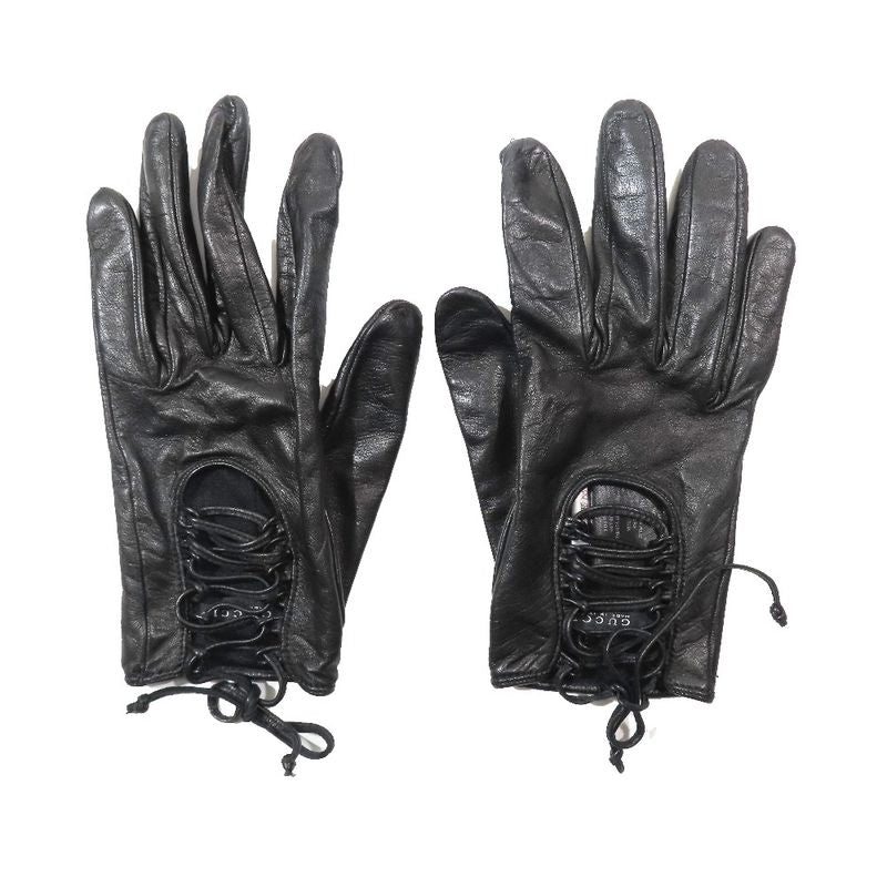 Gucci Lamb Leather Gloves Lace Up Leather Gloves Silk Lining Archive 7 Black