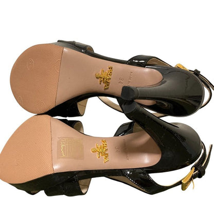 Good Prada Enamel Cross Strap Sandals Size 34 Approx 21cm (8.27in) Black Ladies