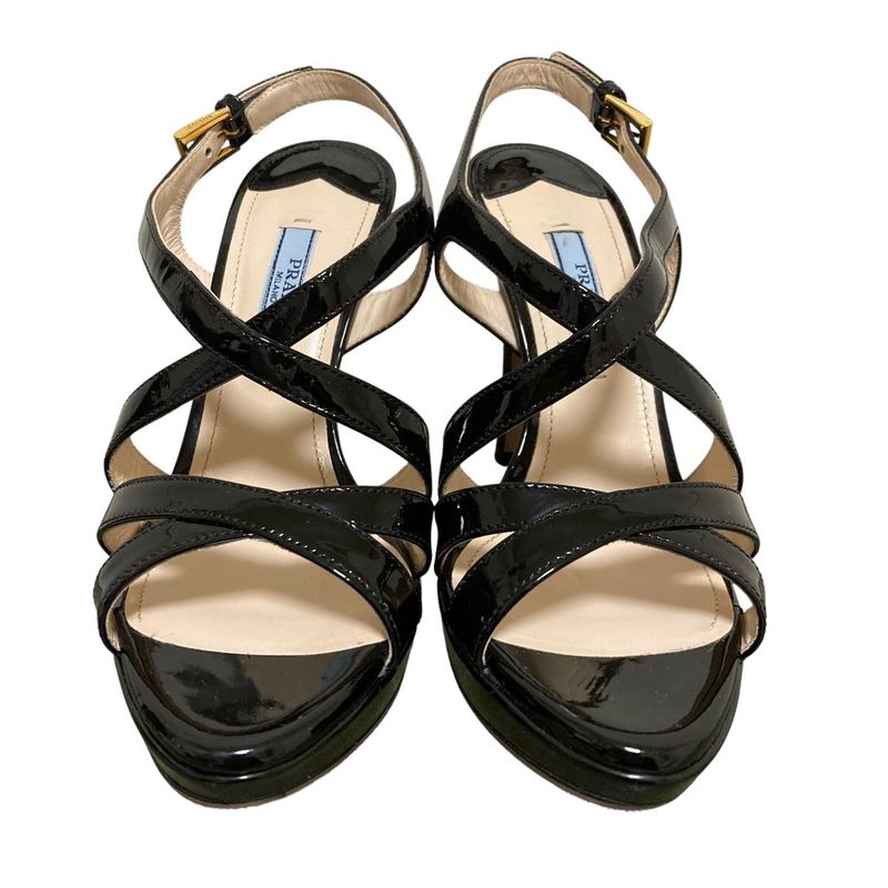 Good Prada Enamel Cross Strap Sandals Size 34 Approx 21cm (8.27in) Black Ladies