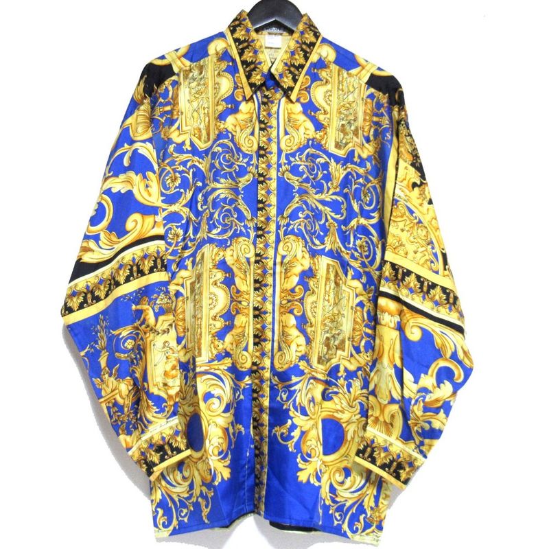Gianni Versace Baroque Pattern Long Sleeve Silk Shirt Size 46 Blue Multicolor