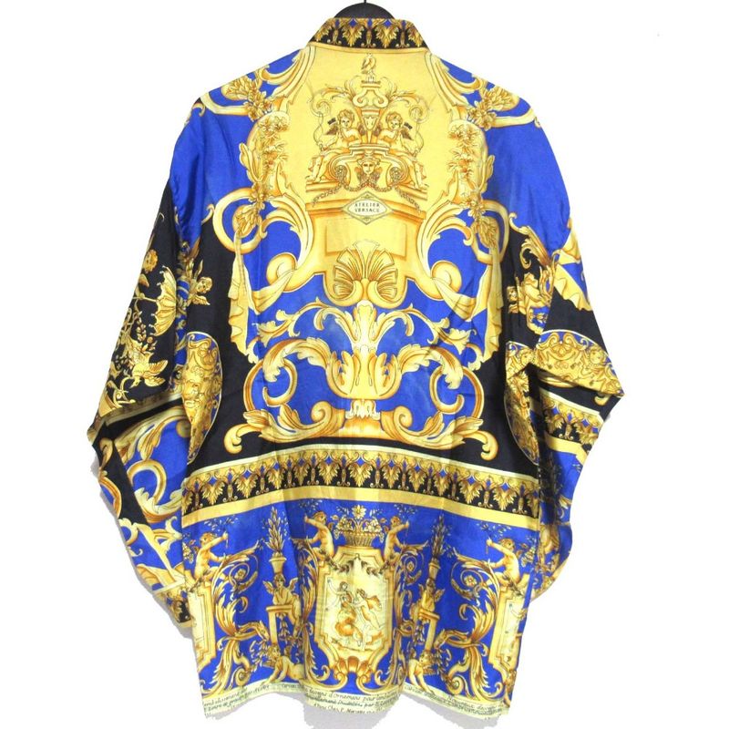 Gianni Versace Baroque Pattern Long Sleeve Silk Shirt Size 46 Blue Multicolor