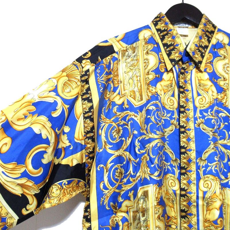 Gianni Versace Baroque Pattern Long Sleeve Silk Shirt Size 46 Blue Multicolor