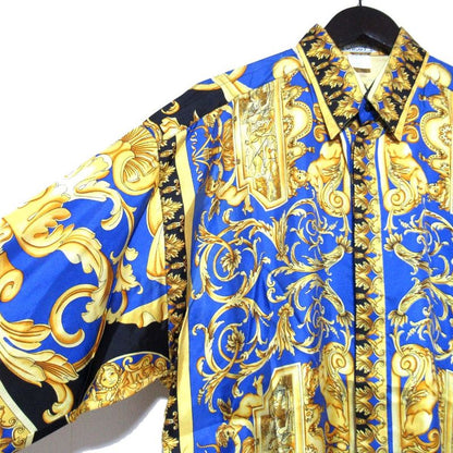 Gianni Versace Baroque Pattern Long Sleeve Silk Shirt Size 46 Blue Multicolor