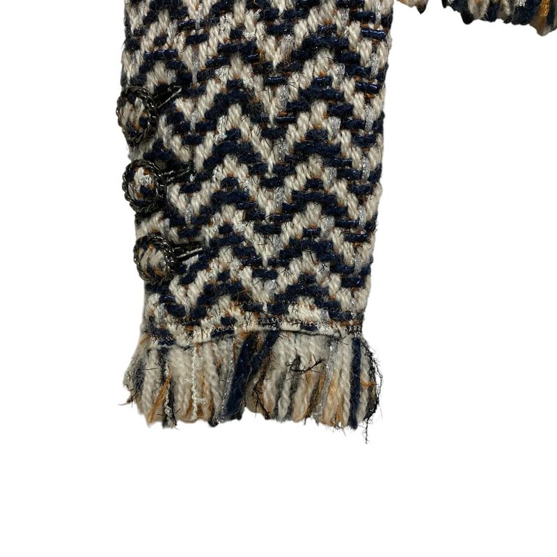 Chanel Chevron Fringe Cropped Tweed Jacket P62391 Size 38 Navy Off-white Ladies