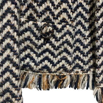Chanel Chevron Fringe Cropped Tweed Jacket P62391 Size 38 Navy Off-white Ladies
