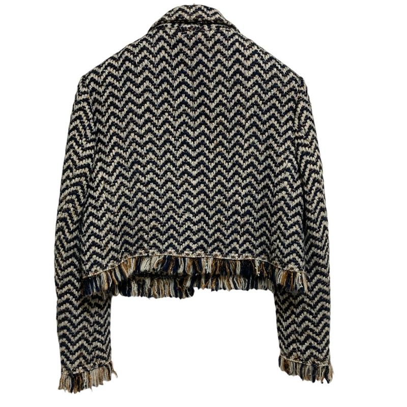 Chanel Chevron Fringe Cropped Tweed Jacket P62391 Size 38 Navy Off-white Ladies