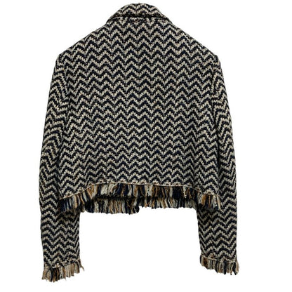 Chanel Chevron Fringe Cropped Tweed Jacket P62391 Size 38 Navy Off-white Ladies