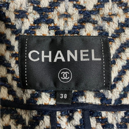 Chanel Chevron Fringe Cropped Tweed Jacket P62391 Size 38 Navy Off-white Ladies