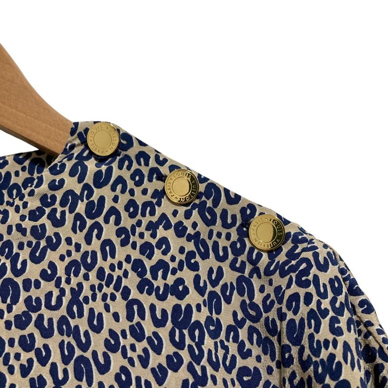 Louis Vuitton Leopard Print Silk Blouse Size 34 Blue Ladies Used