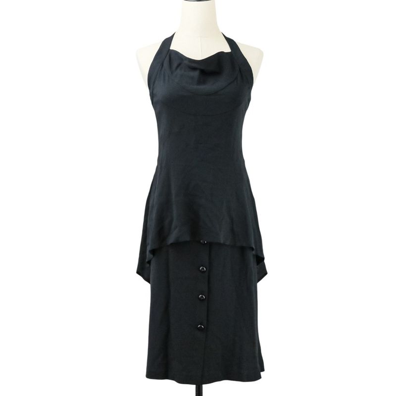 05P Chanel Silk Here Mark Button Asymmetric Hem Cut And Sewn Skirt Setup P25504