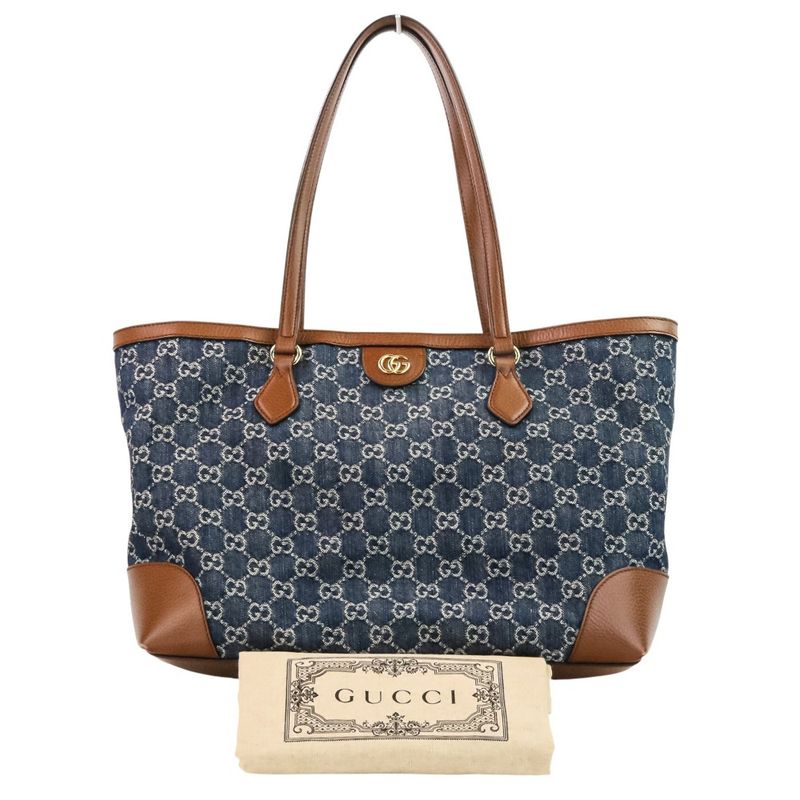 Gucci Ophidia GG Denim Medium Tote Bag 631685 Indigo Brown Ladies Used