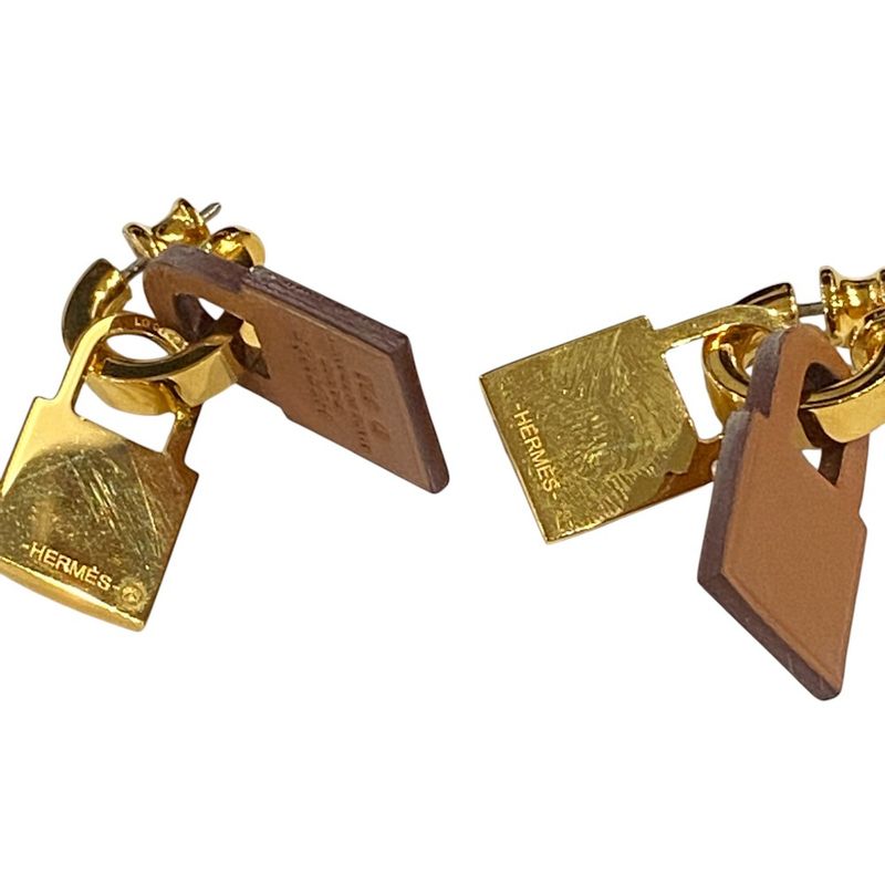 Hermes O'kelly Cadena Hoop Earrings GP D Engraved Etoupe Gold Color Men's