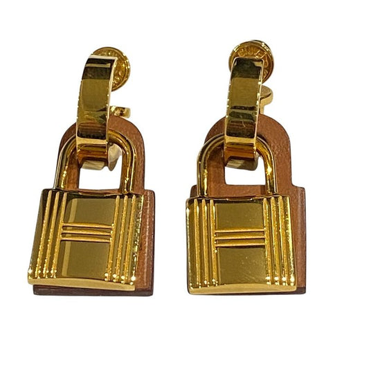 Hermes O'kelly Cadena Hoop Earrings GP D Engraved Etoupe Gold Color Men's