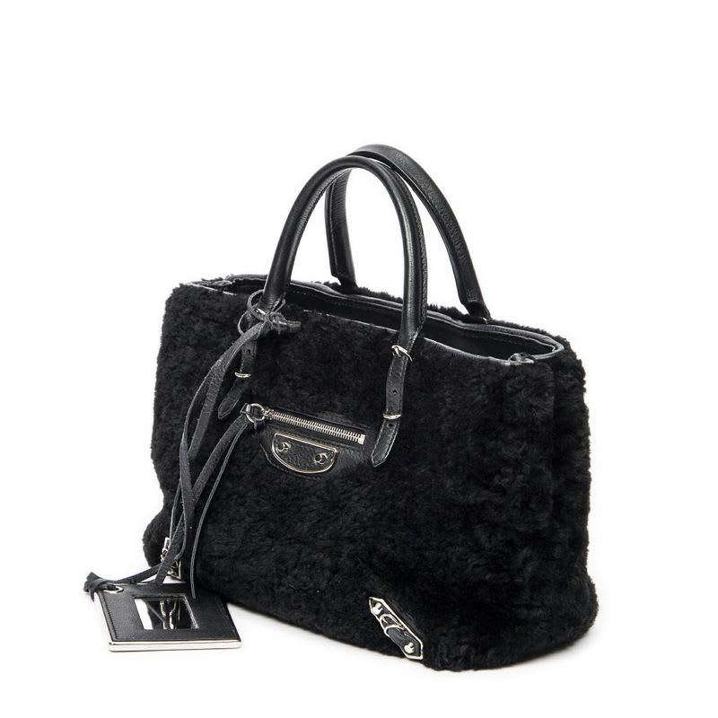 Balenciaga Mini Papier A4 Tote Black Rabbit Fur Canvas