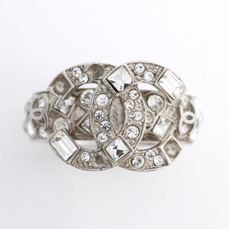 Chanel Ring Coco Mark Metal Rhinestone Silver No 10 Ladies