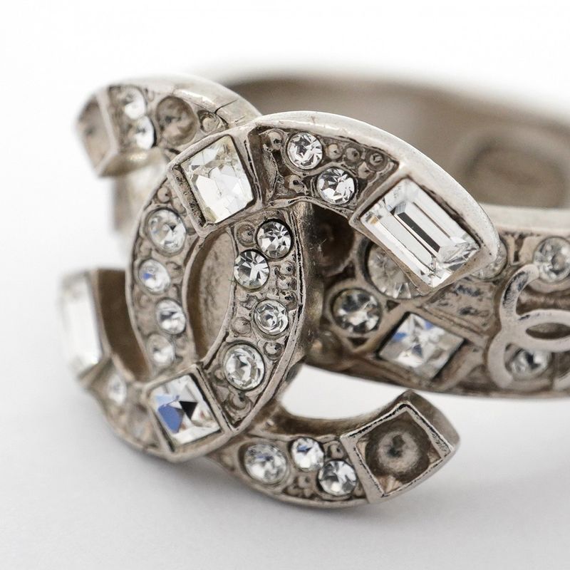Chanel Ring Coco Mark Metal Rhinestone Silver No 10 Ladies