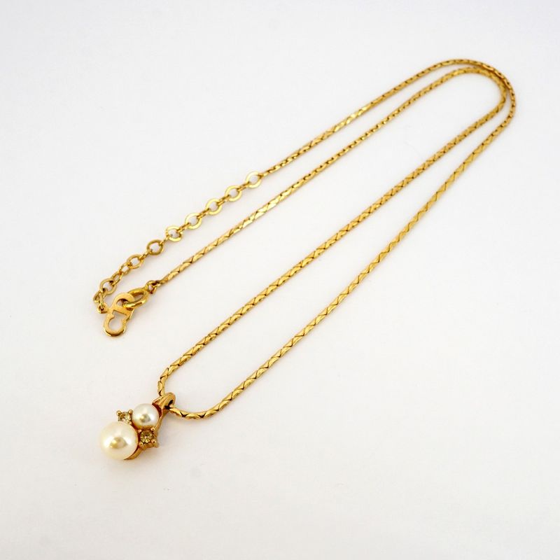 Christian Dior Necklace GP Plated Fake Pearl Rhinestone Gold Ladies
