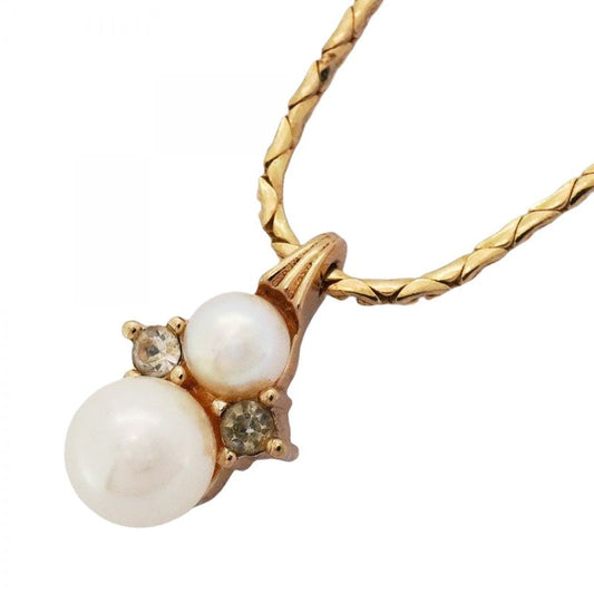 Christian Dior Necklace GP Plated Fake Pearl Rhinestone Gold Ladies