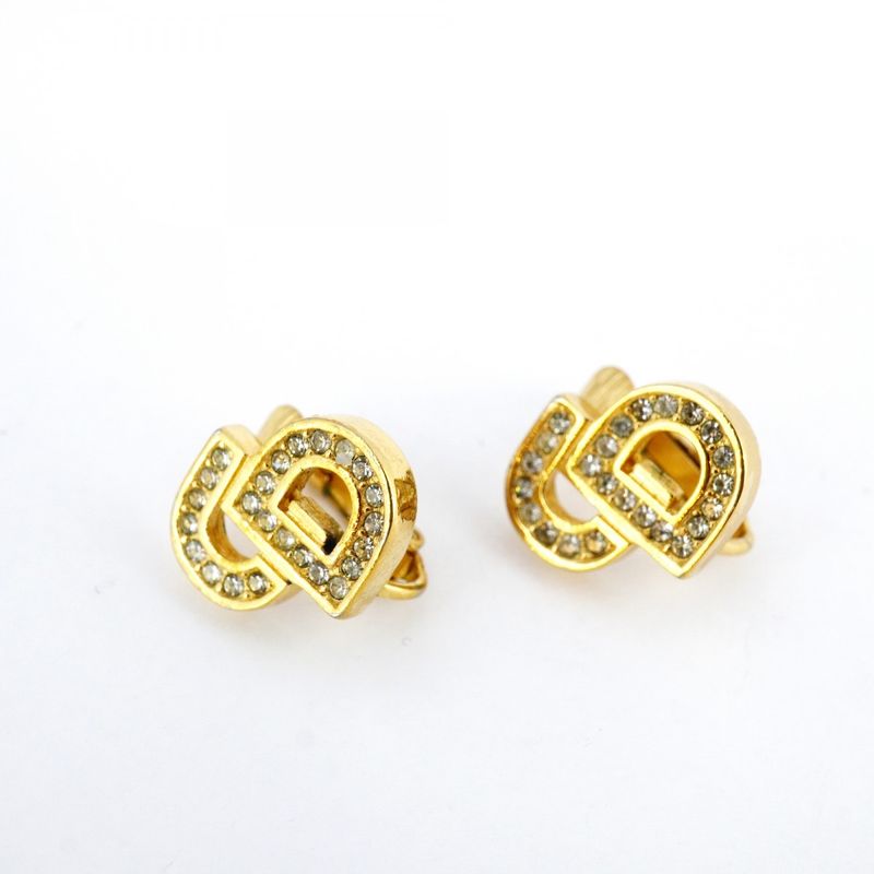 Christian Dior Earring CD Logo GP Plated Rhinestone Gold Ladies