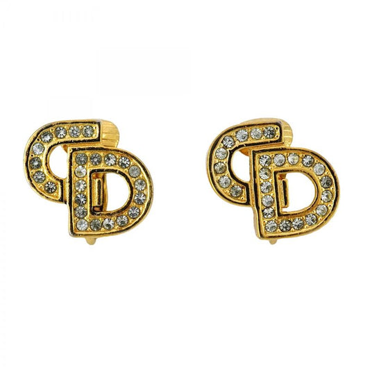 Christian Dior Earring CD Logo GP Plated Rhinestone Gold Ladies