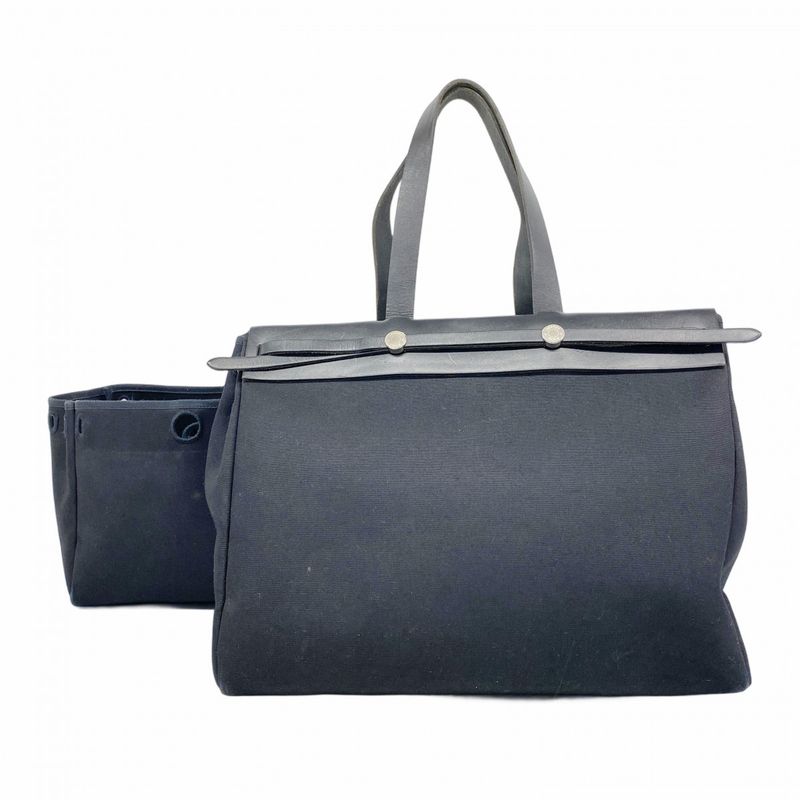 Hermes Tote Bag Herbag Her Bag Cabas MM Toile Officier Black Silver Hardware E