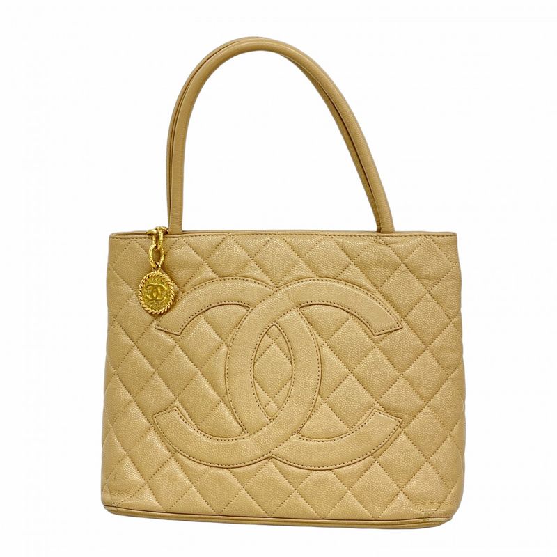 Chanel Tote Bag Reproduction Tote Caviar Skin Beige Gold Hardware Women's