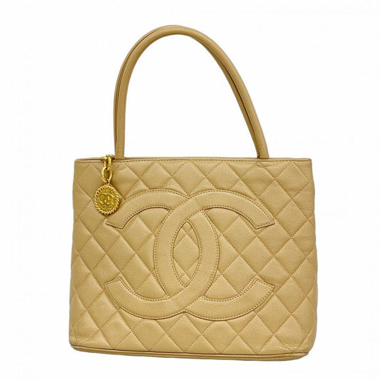 Chanel Tote Bag Reproduction Tote Caviar Skin Beige Gold Hardware Women's