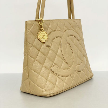 Chanel Tote Bag Reproduction Tote Caviar Skin Beige Gold Hardware Women's