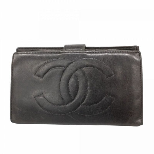 Chanel Long Wallet Lambskin Black Gold Hardware Women's