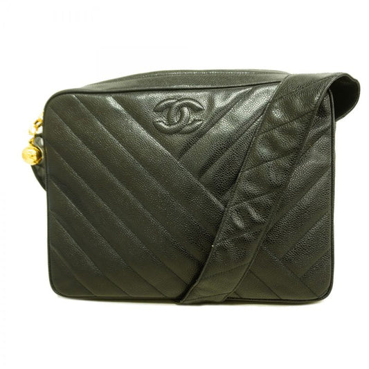 Chanel Shoulder Bag V Stitch Caviar Skin Black Gold Hardware Women's