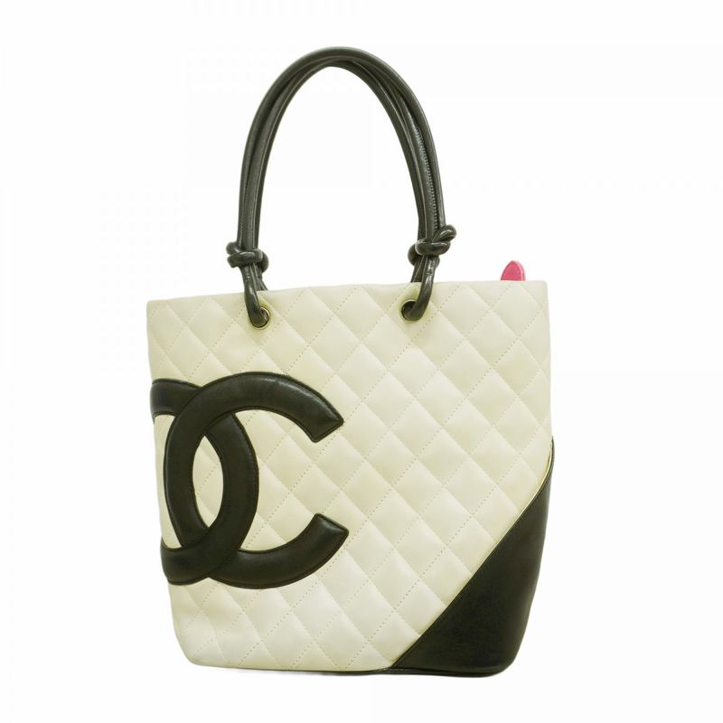 Chanel Tote Bag Cambon Lambskin White Silver Hardware Women's