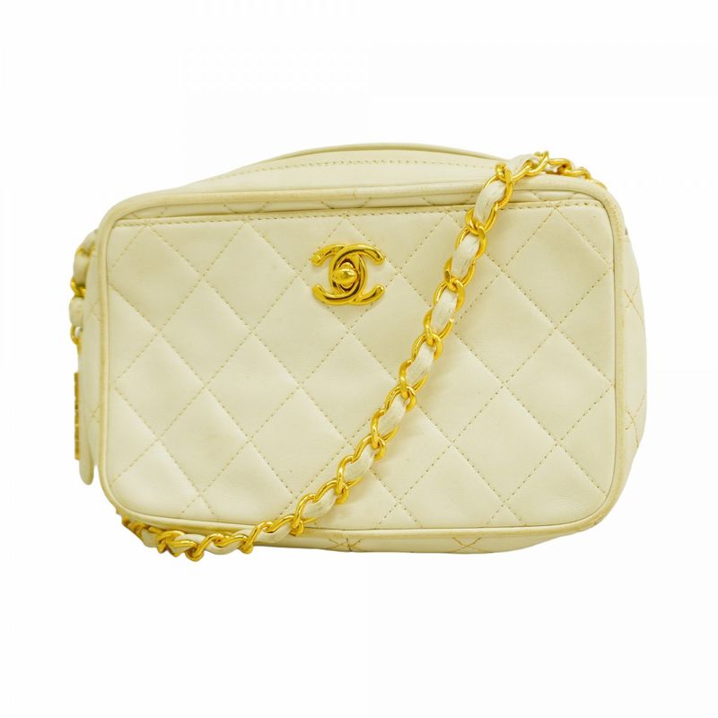 Chanel Shoulder Bag Matelasse Lambskin White Gold Hardware Women's