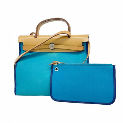 Hermes Handbag Herbag Her Bag Zip PM Toile Officier Blue Natural Silver