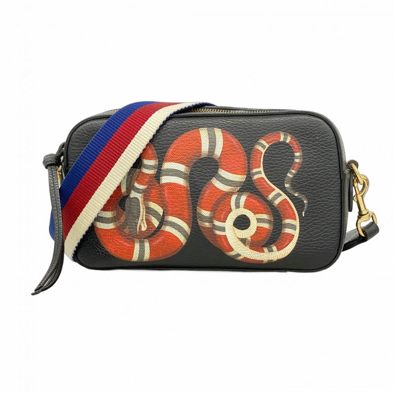 Gucci Shoulder Bag Snake 461461 Leather Black Gold Hardware Women's